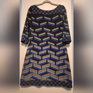 le chateau Black Geometric Midi Dress with Blue and Teal Accents